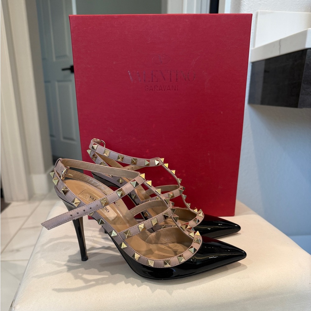 Valentino Garavani Black Heels with Cream Studded Straps